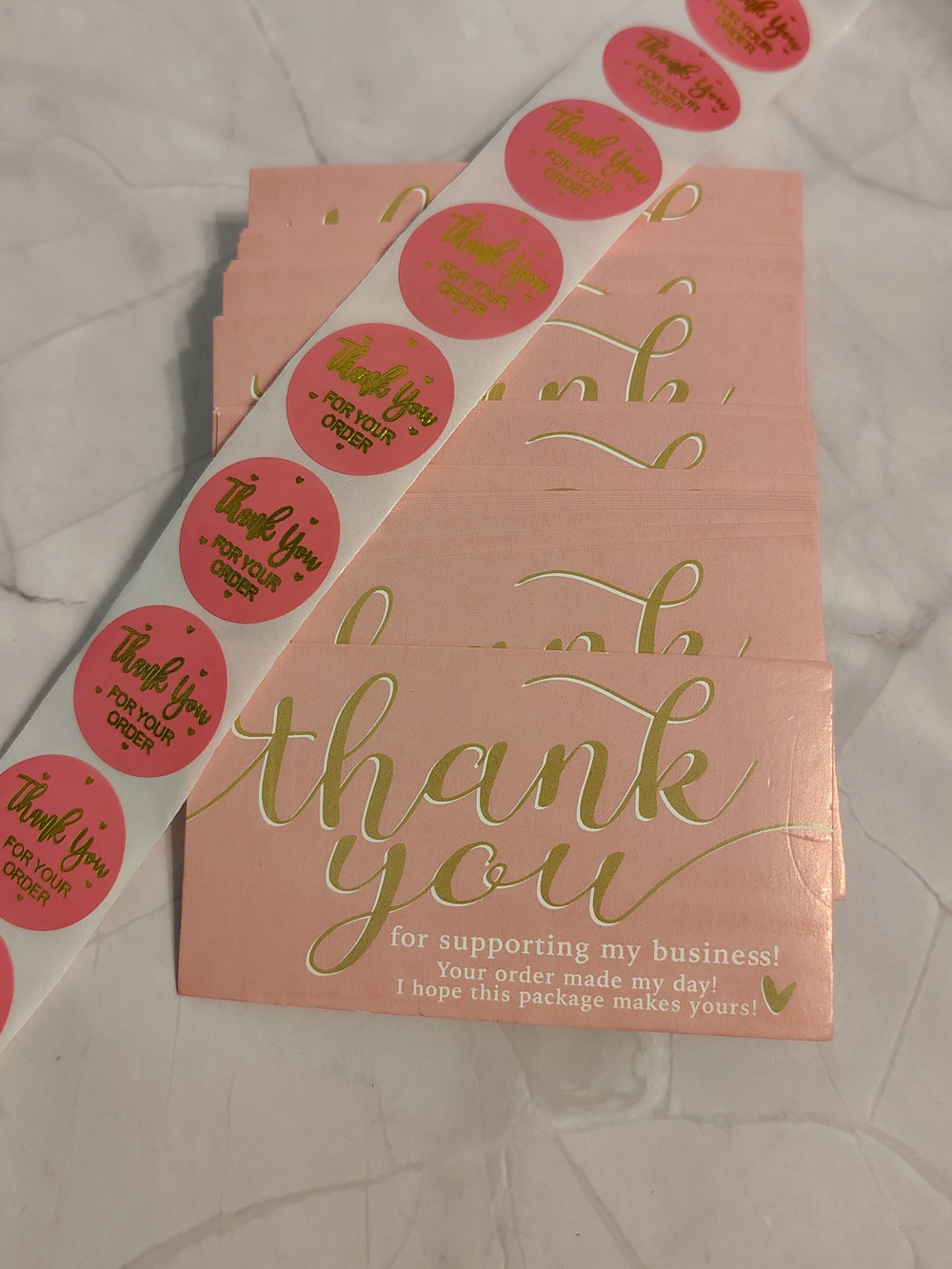 50 Pink & Gold Thank You Cards and Stickers- For Small Businesses